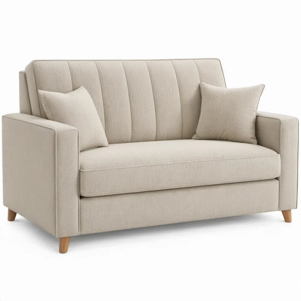 Beige 2-zitsbank met polyester bekleding en houten poten, 158 x 86 x 88 cm