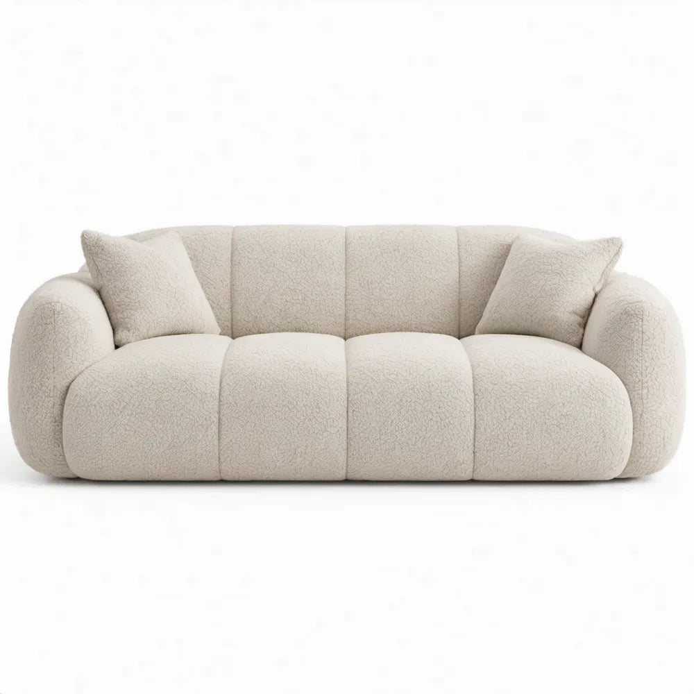Crèmekleurige 3-zits bank met 2 kussens, 230 x 105 x 75 cm, bouclé polyester