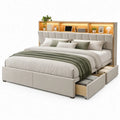 Tweepersoonsbed 160 x 200 cm Lichtgrijs/Naturel met Gestoffeerd Hoofdbord, Ledverlichting en 4 Opbergladen