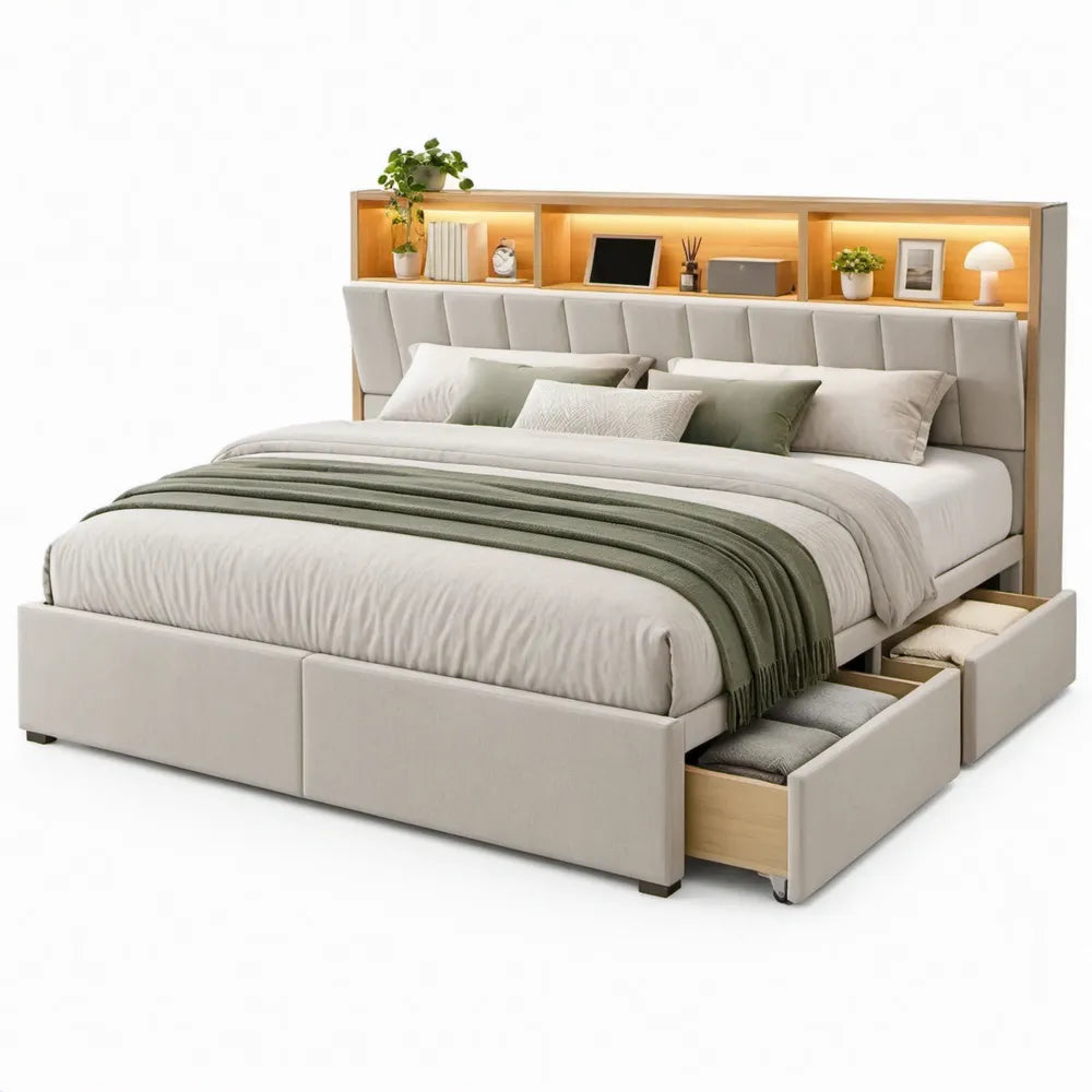 Tweepersoonsbed 160 x 200 cm Lichtgrijs/Naturel met Gestoffeerd Hoofdbord, Ledverlichting en 4 Opbergladen