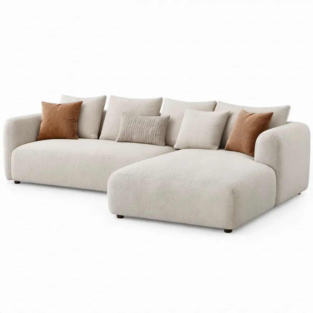 Crèmekleurige bouclé hoekbank met chaise longue rechts, 300 x 170 x 85 cm