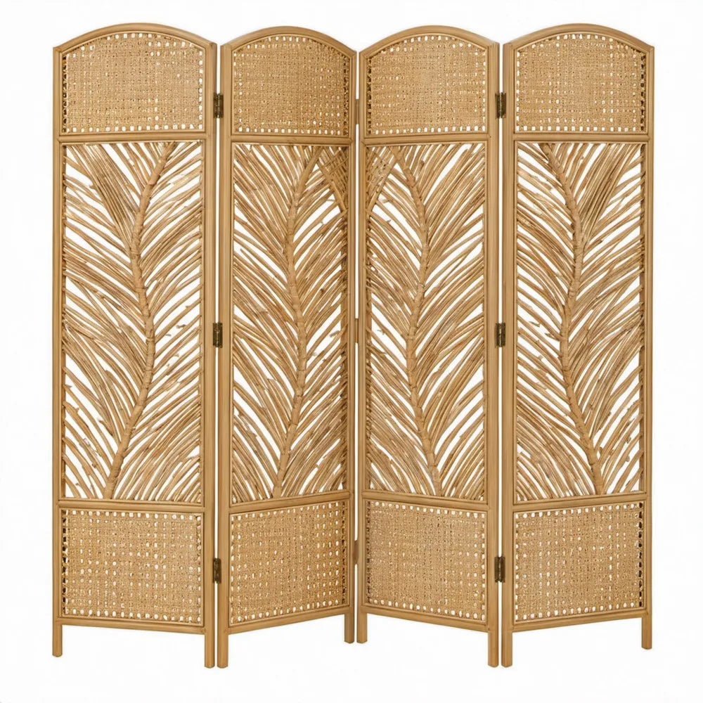 Kamerscherm met 4 panelen, 160 x 180 cm, naturel, massief paulowniahout en rotan