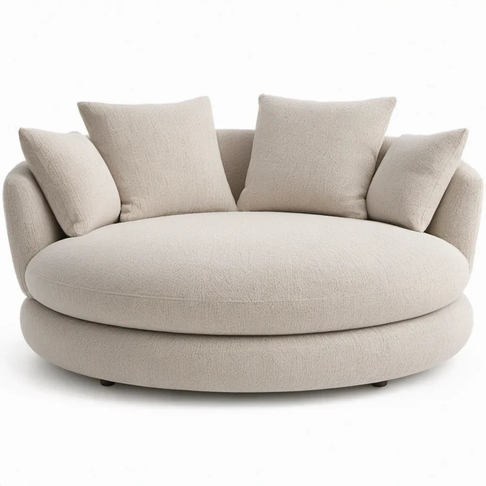 Ronde 2-zitsbank van crèmekleurige bouclé, 140 x 110 x 75 cm