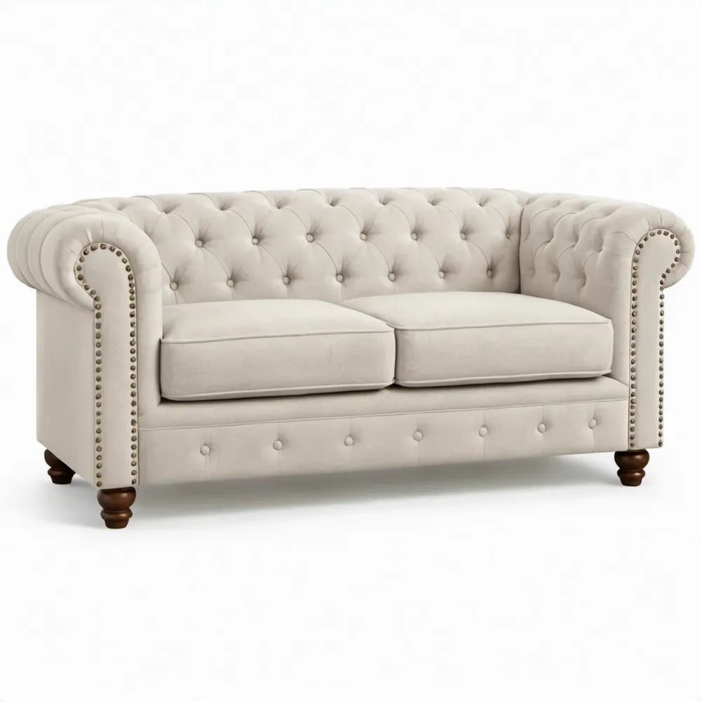 Chesterfield 2-zitsbank 170 x 90 x 75 cm crème met donkerbruine poten en bronzen siernagels