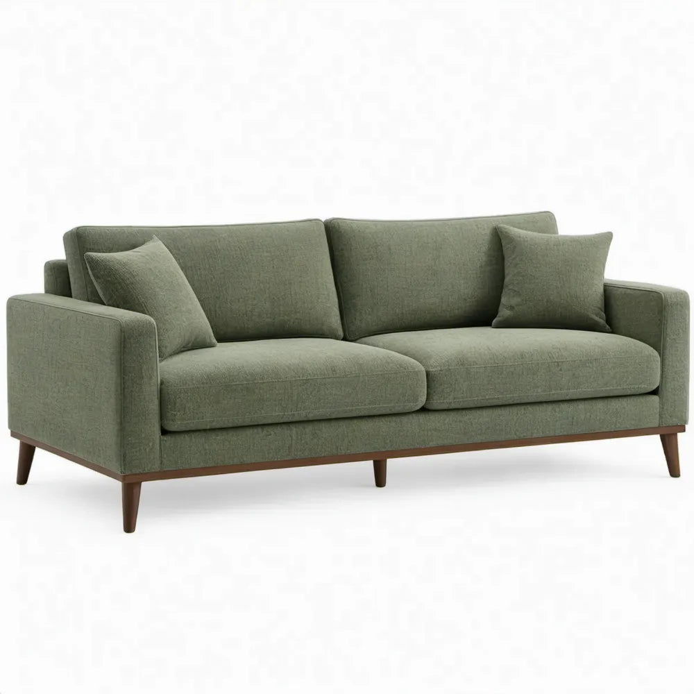 Olijfgroene 3-zitsbank van polyester met donkerbruine rubberhouten poten, 210 x 90 x 85 cm