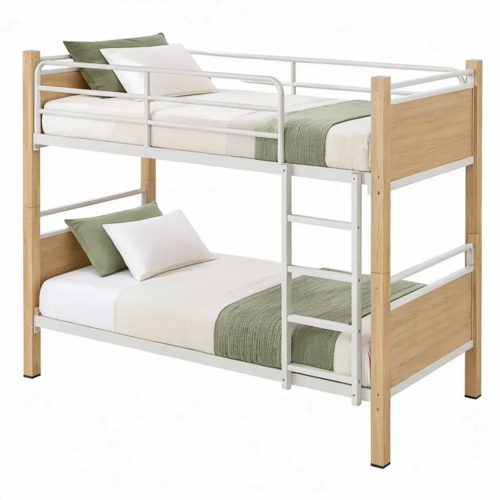Stapelbed 90 x 200 cm van massief grenenhout en staal – Naturel/Wit