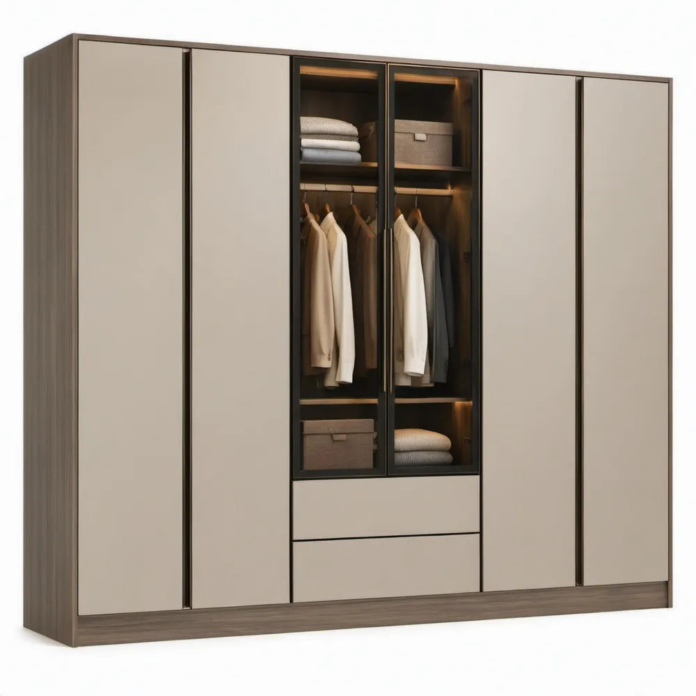 6-deurs kledingkast met 2 lades en glazen deuren, 240 x 60 x 220 cm, taupe/donkerbruin/zwart