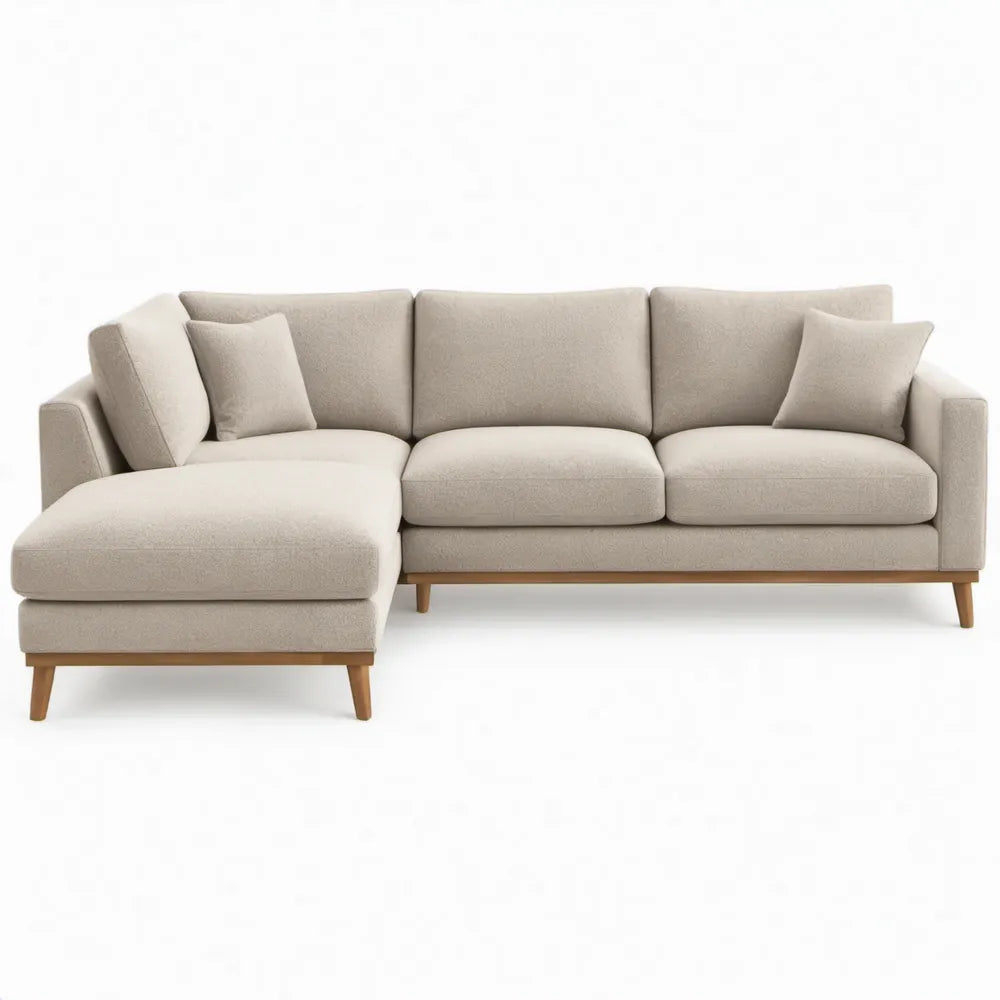 Beige chaise longue links van polyester met houten poten, 250 x 160 x 85 cm