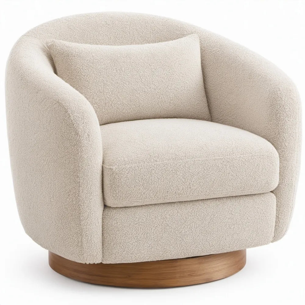 Draaibare bouclé loungestoel crème met walnootbruine plint, 78 x 76 x 75 cm