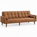 Cognacbruine 3-zitsbank van PU-leer met houten poten, 220 x 86 x 86 cm