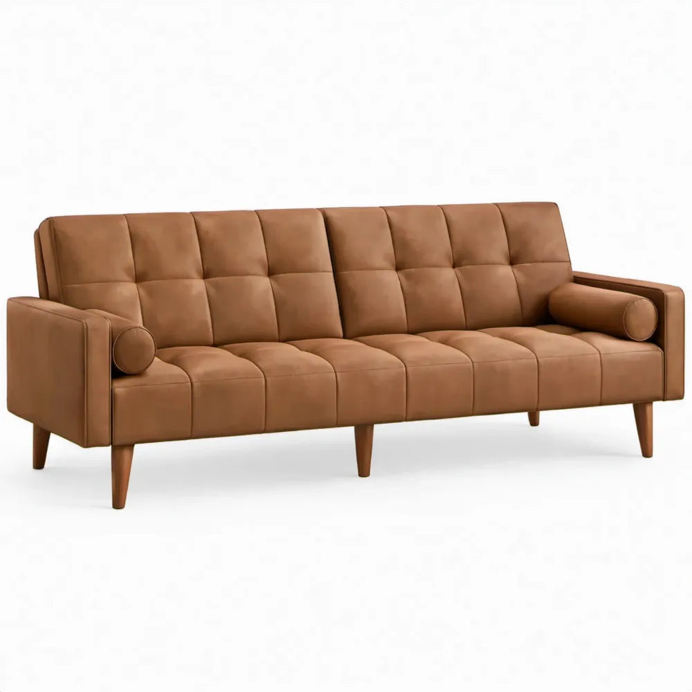Cognacbruine 3-zitsbank van PU-leer met houten poten, 220 x 86 x 86 cm