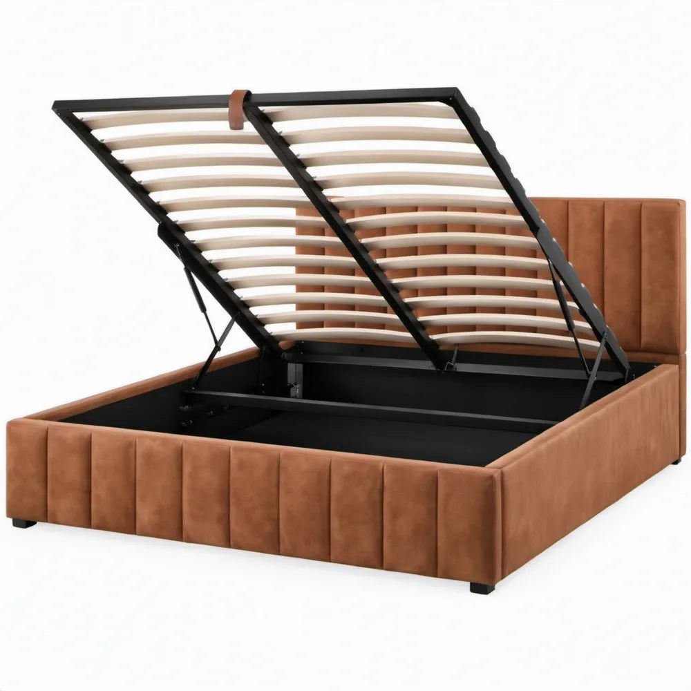 Opbergbed 160 x 200 cm Bruin met Zwart Stalen Frame en Hydraulische Lift