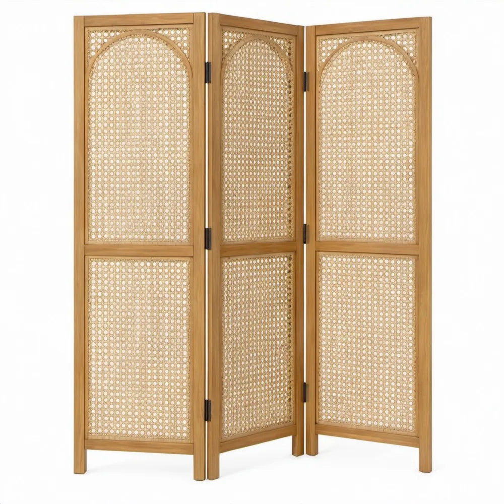 3-delig kamerscherm 121,5 x 180 x 2 cm van massief paulowniahout en rotan, naturel