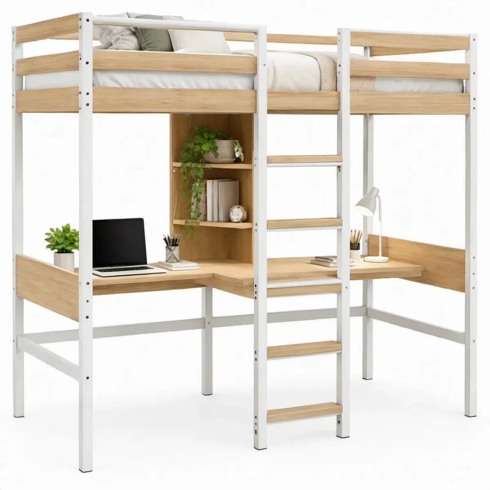 Hoogslaper 90 x 200 cm met 2 bureaus, ladder en opbergvak - Wit/Naturel massief grenen