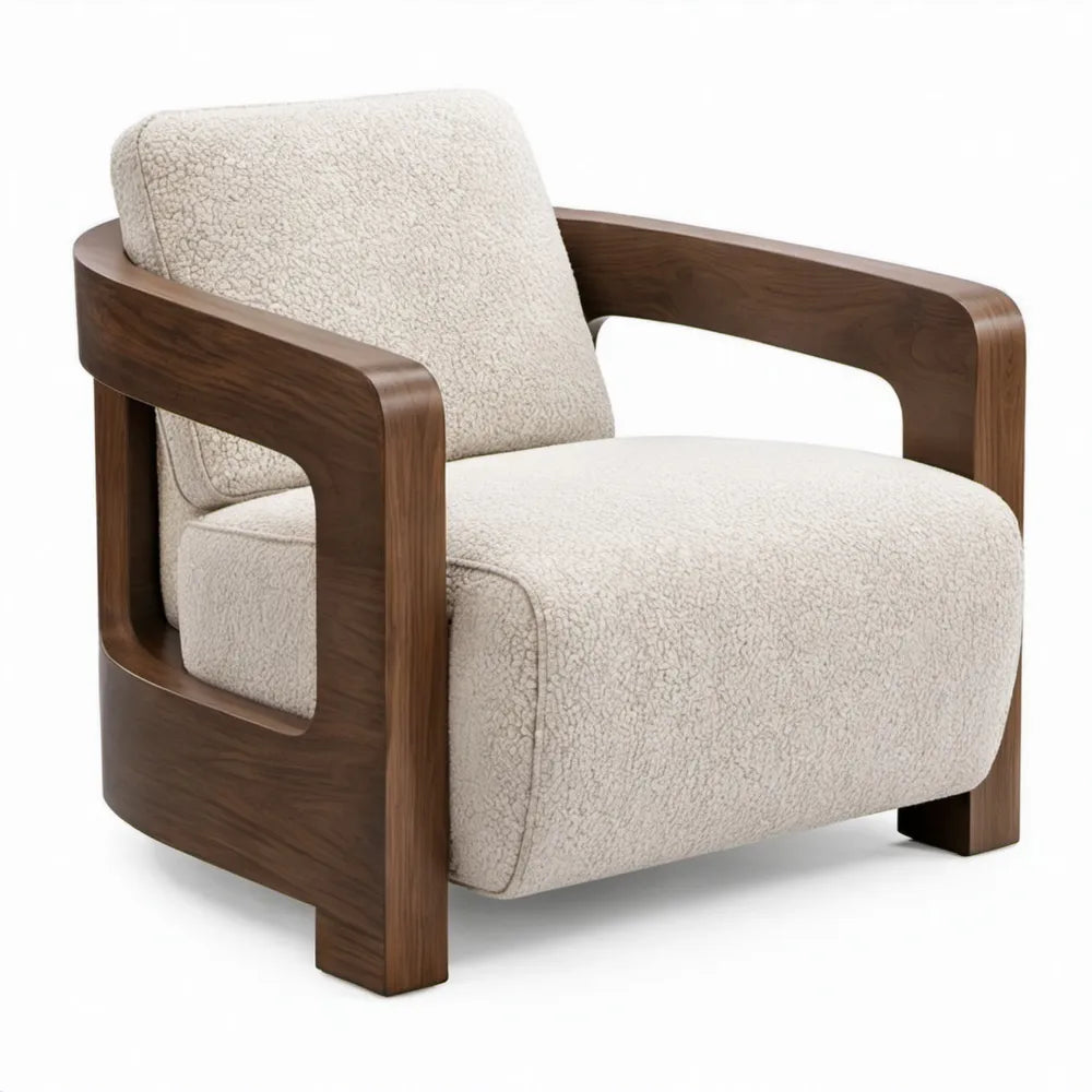 Moderne fauteuil met massief walnotenhouten frame en crèmekleurige bouclé bekleding, 76 x 78 x 72 cm