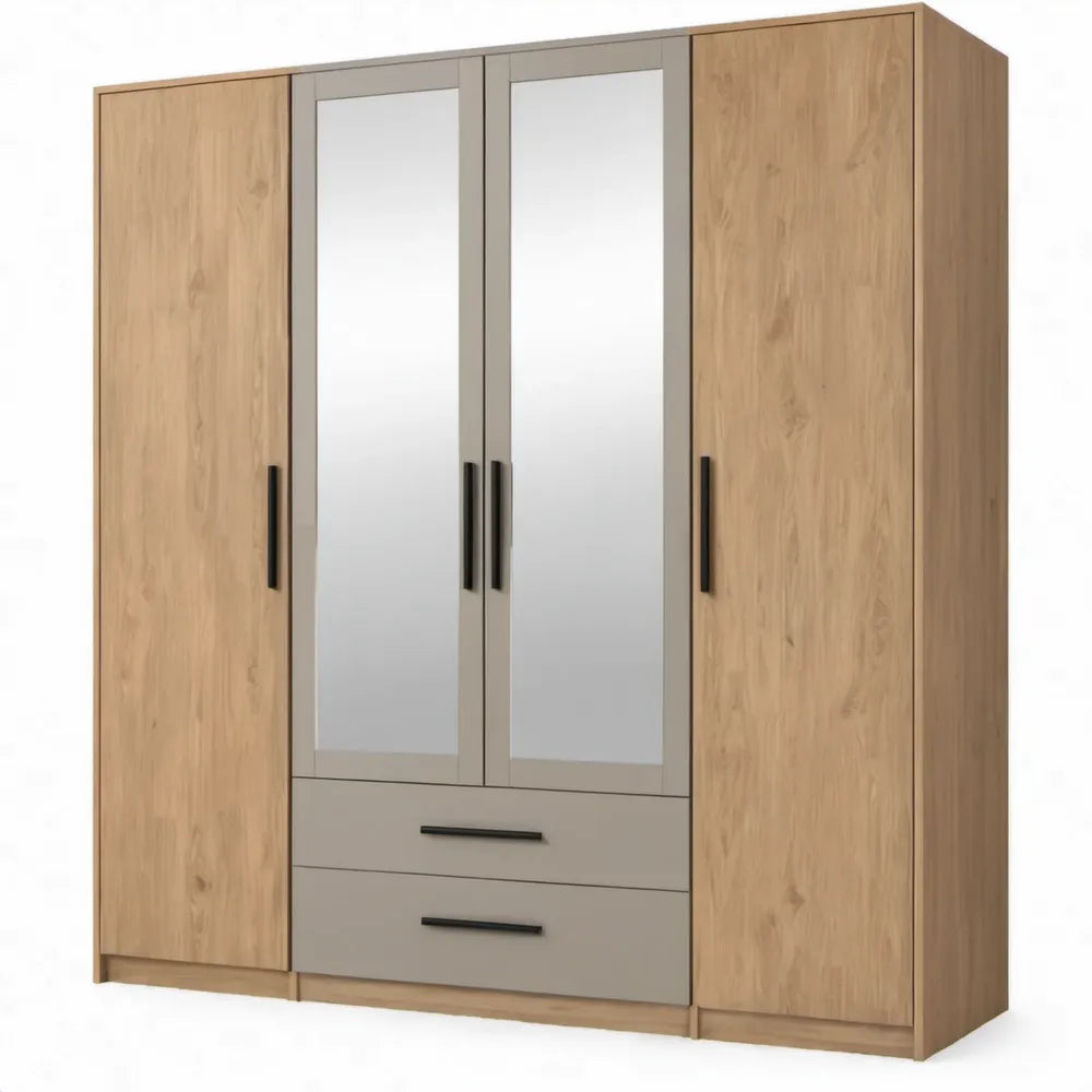 4-deurs kledingkast met 2 laden en spiegelpanelen, 180 x 52 x 200 cm, eikenkleurig en taupe