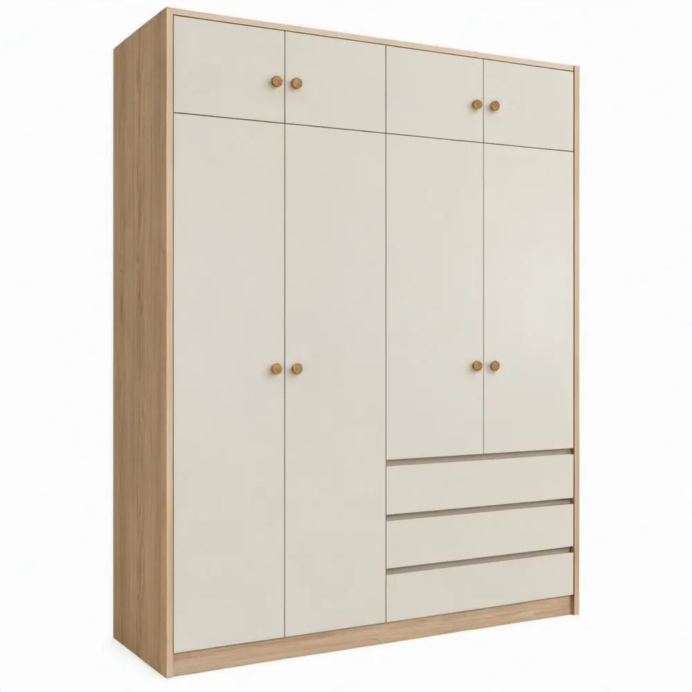 Kledingkast met 8 deuren en 3 laden, 180 x 52 x 220 cm, gebroken wit en eikenkleurig