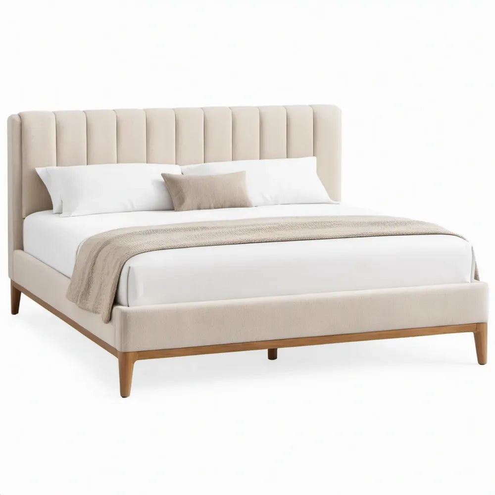 Tweepersoonsbed 160 x 200 cm Beige met Bruine Houten Poten