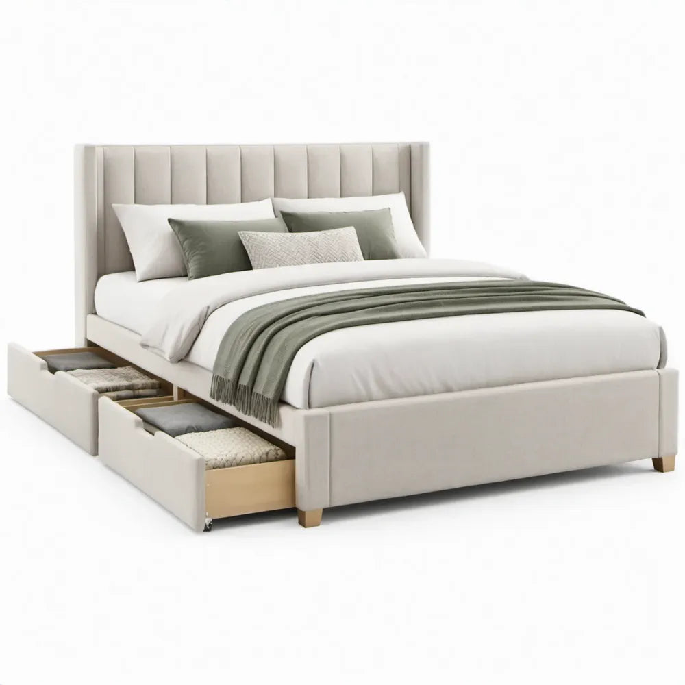 Beige gestoffeerd bed met 2 opbergladen, 160 x 200 cm