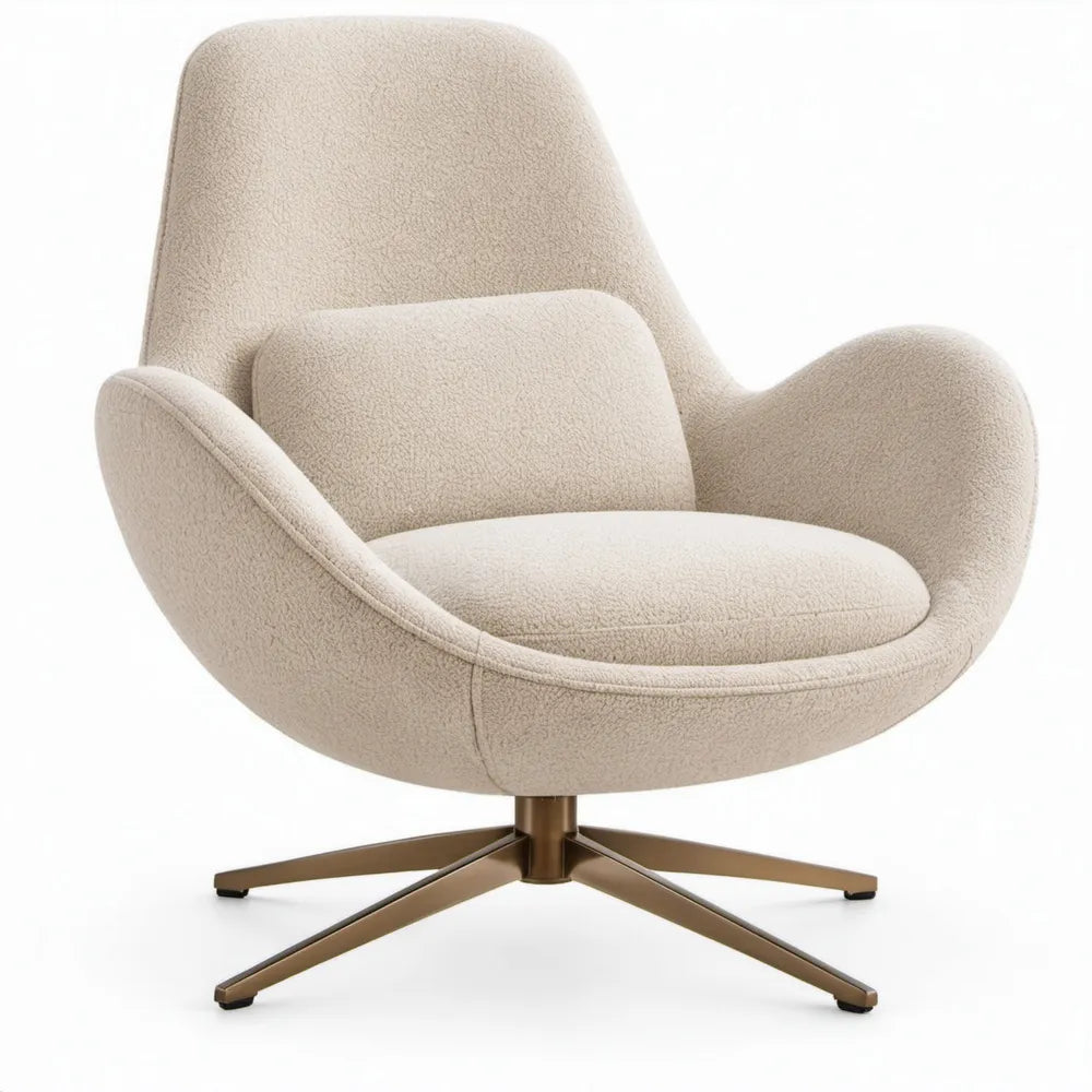 Draaibare fauteuil met armleuningen in crèmekleurige bouclé en bronzen onderstel, 82 x 86 x 99 cm