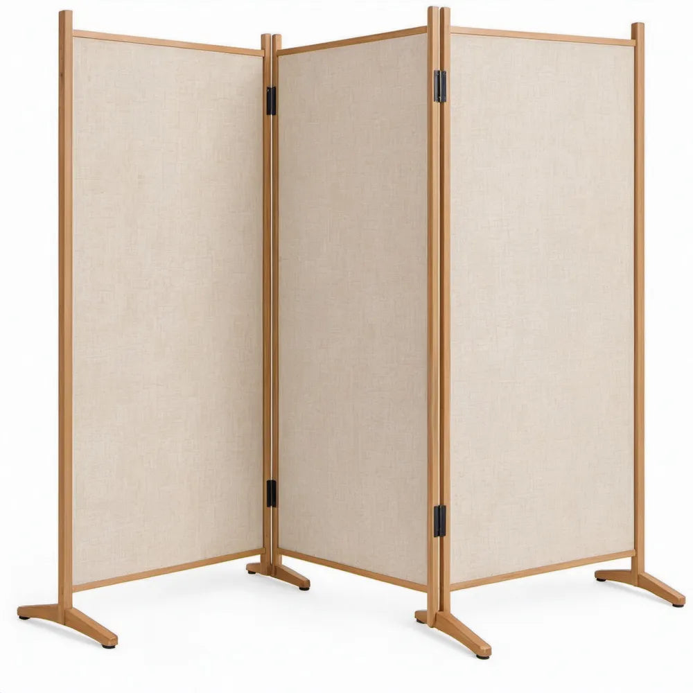 Opvouwbaar 3-delig kamerscherm van bamboe en polyester, 180 x 180 cm, naturel/beige/zwart