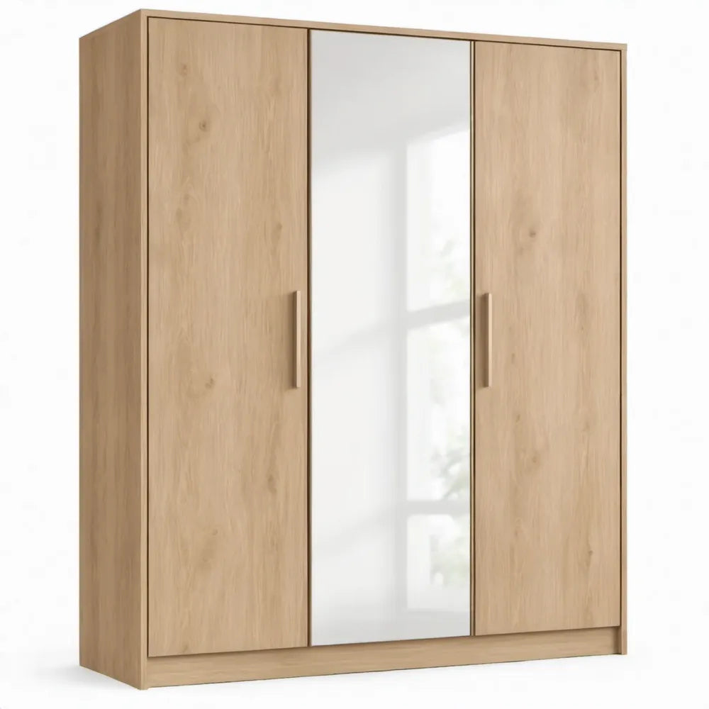Driedeurs kledingkast met spiegel 150 x 60 x 200 cm eikenkleur