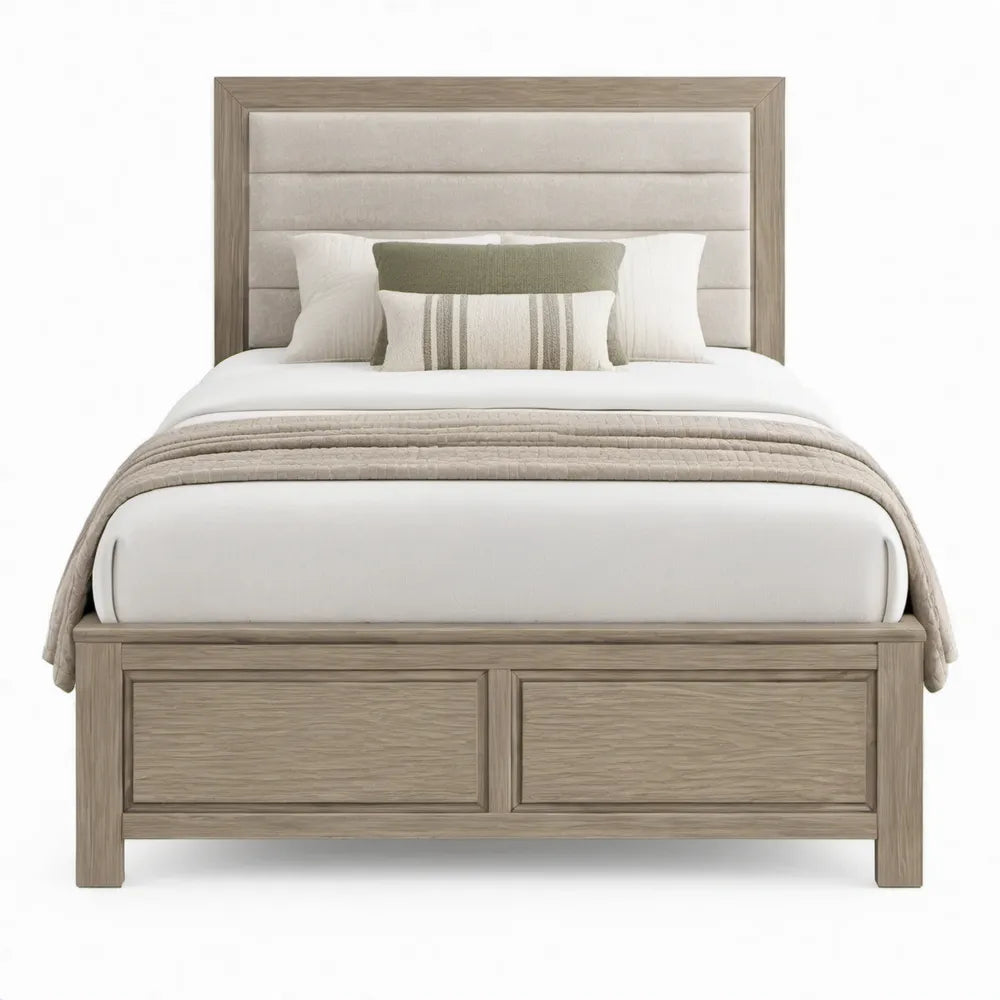 Tweepersoonsbed 160 x 200 cm Beige/Lichtbruin met Eikenfineer en Bekleed Hoofdbord