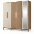 Kledingkast met 4 deuren en spiegel, 200 x 60 x 220 cm, beige eikenkleur