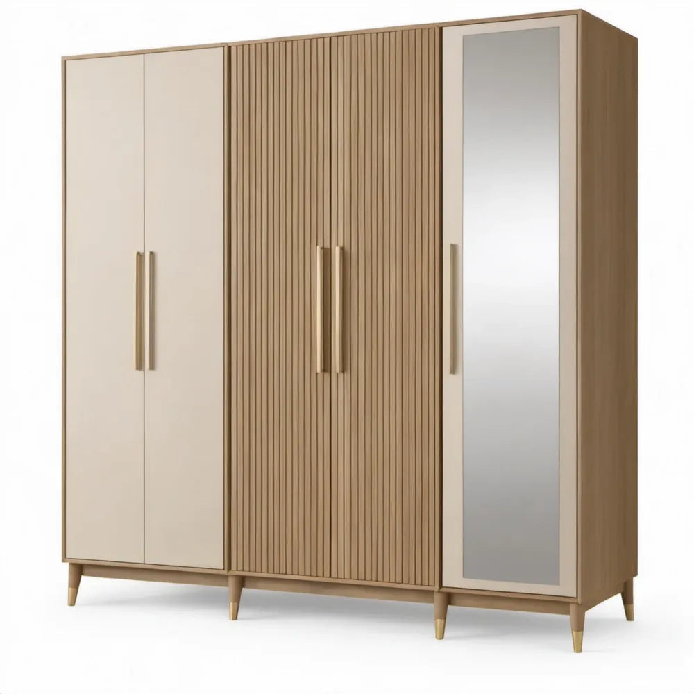 Kledingkast met 4 deuren en spiegel, 200 x 60 x 220 cm, beige eikenkleur