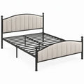 Stalen bed 140 x 200 cm zwart met crèmekleurig bekleed hoofd- en voetbord