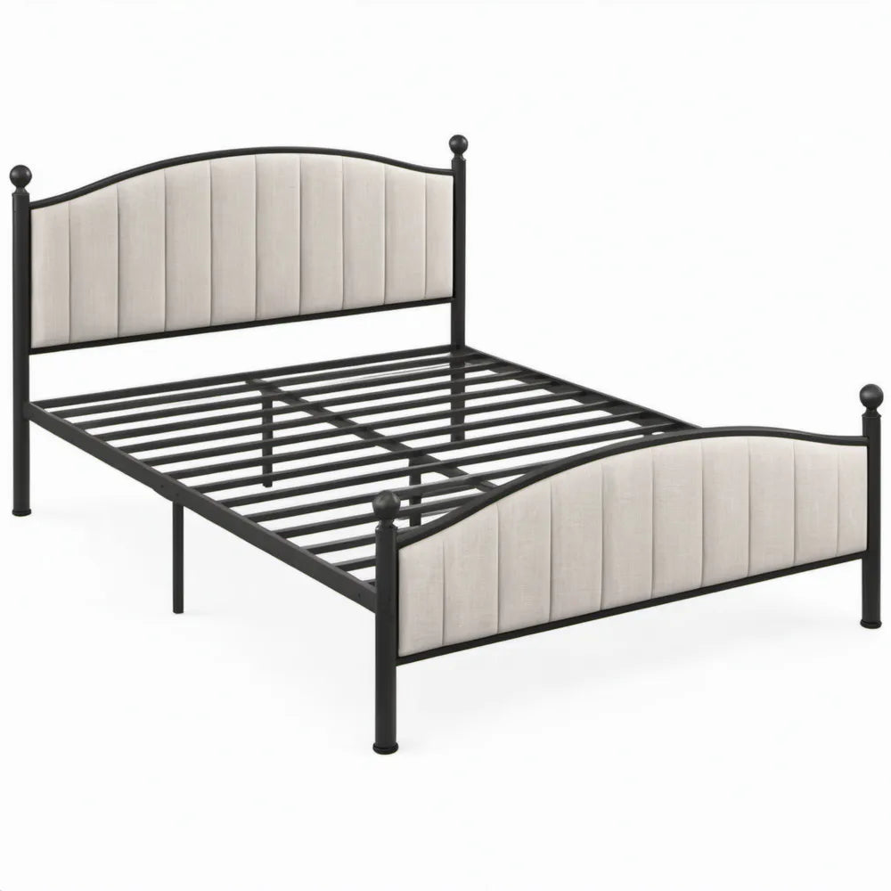 Stalen bed 140 x 200 cm zwart met crèmekleurig bekleed hoofd- en voetbord