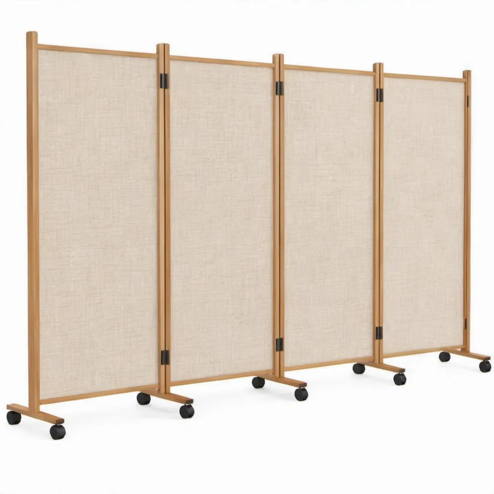 Verrijdbaar 4-delig kamerscherm 320 x 180 cm van bamboe en polyester, beige/naturel/zwart