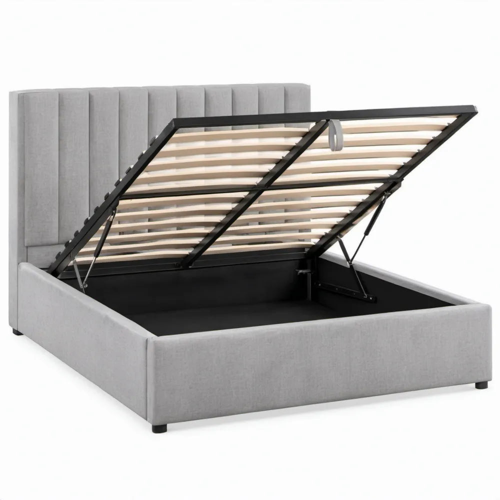 Gestoffeerd opbergbed 160 x 200 cm met lattenbodem en gasveren, lichtgrijs
