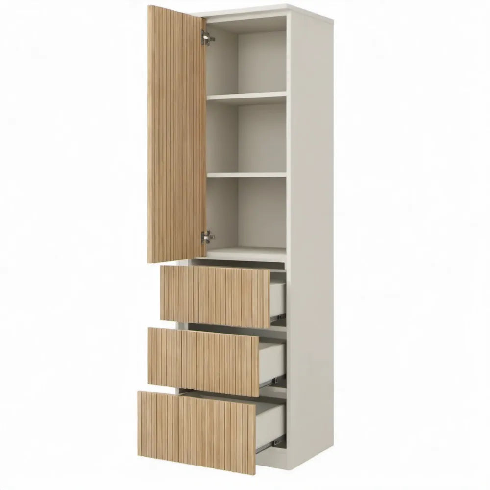 Opbergkast met deur en 3 lades, 60 x 40 x 180 cm, wit en naturel eikenkleurig