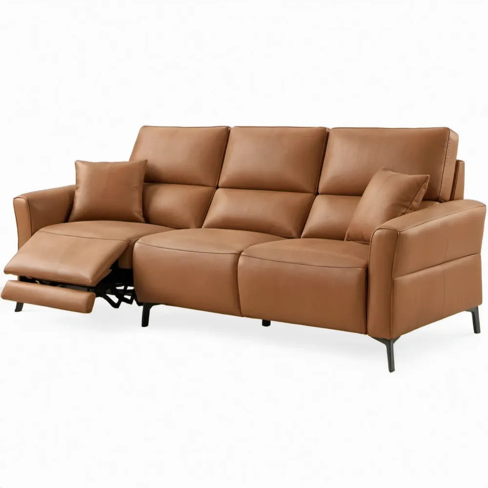 Cognackleurige 3-zitsbank met handmatige relaxfunctie en voetensteun, 210 x 95 x 102 cm