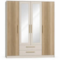 Kledingkast met 4 deuren, 2 lades en spiegelpanelen, 200 x 52 x 200 cm, beige en licht eiken