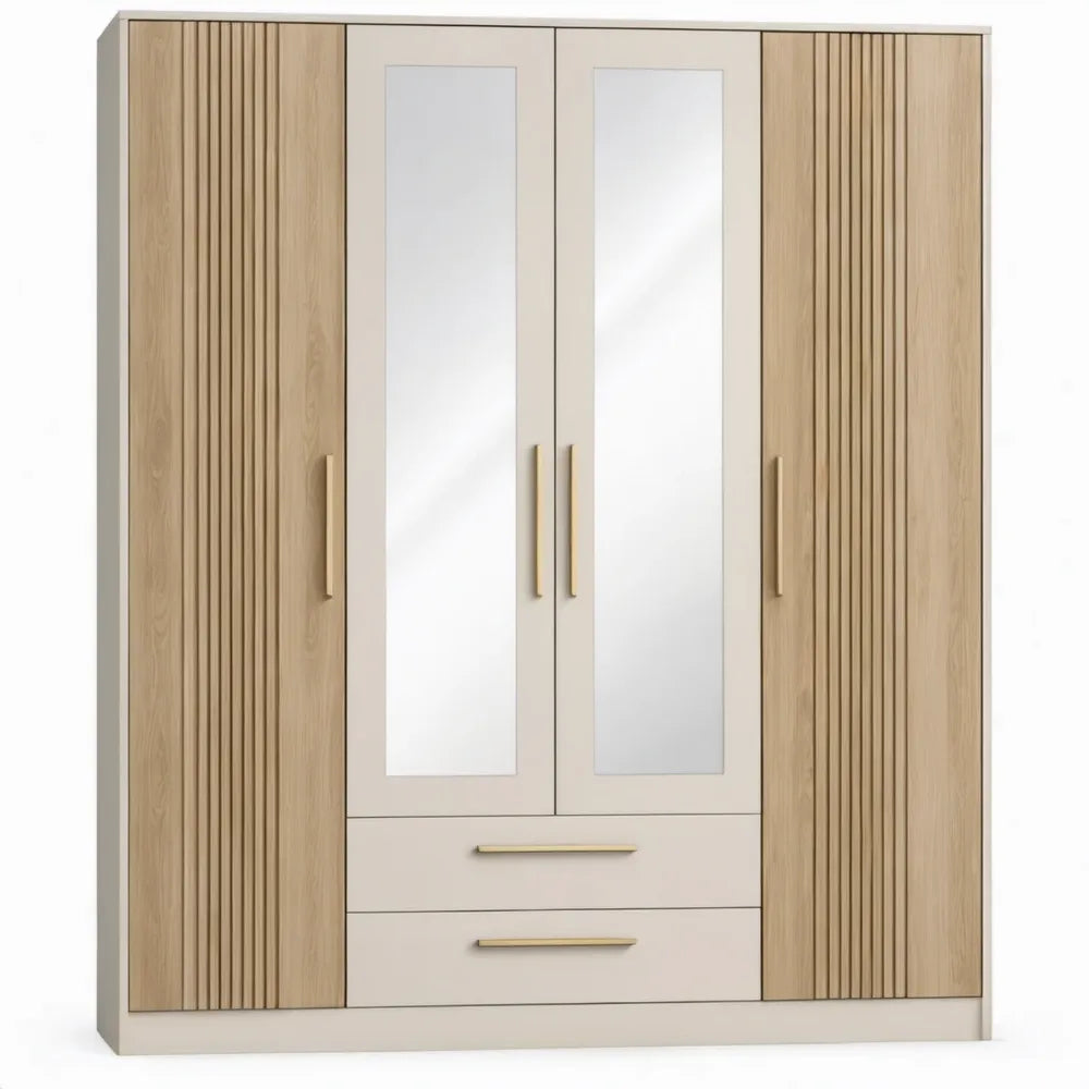 Kledingkast met 4 deuren, 2 lades en spiegelpanelen, 200 x 52 x 200 cm, beige en licht eiken